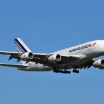 An Air France Airbus A380 on approach for landing