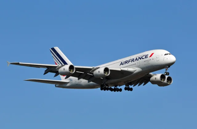 An Air France Airbus A380 on approach for landing
